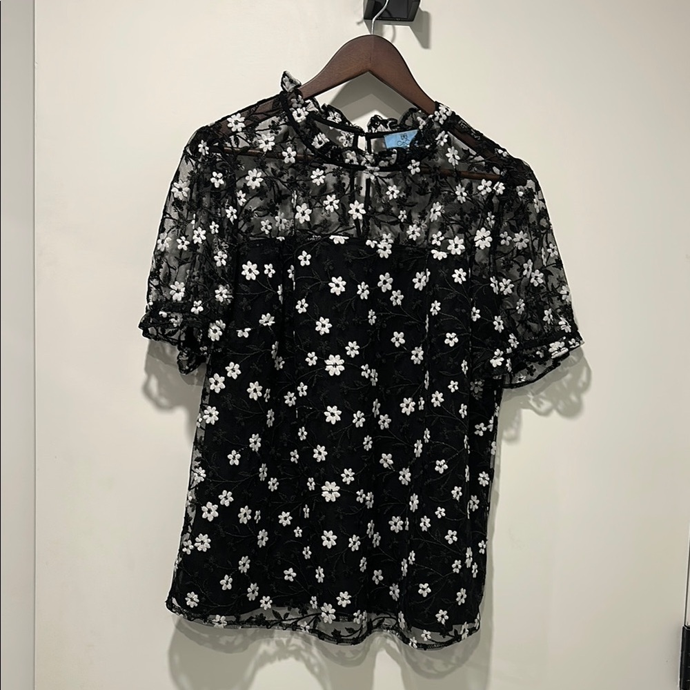 CeCe Black and White Sheer Floral Blouse with Peter Pan Collar